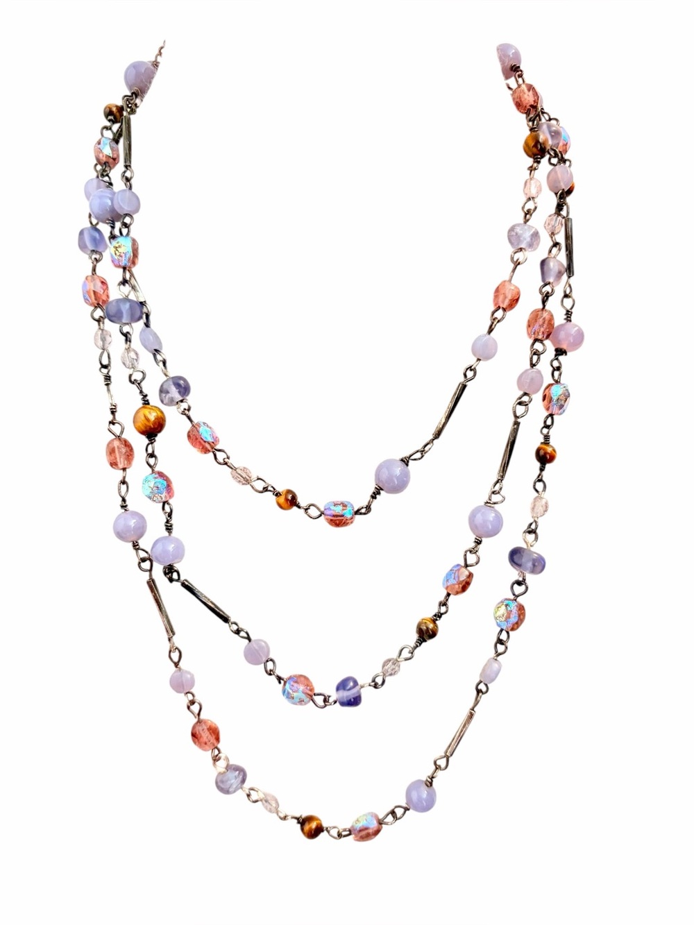 Vintage Flapper Style Purple Czech Glass and AB Crystal Tigers Eye Necklace